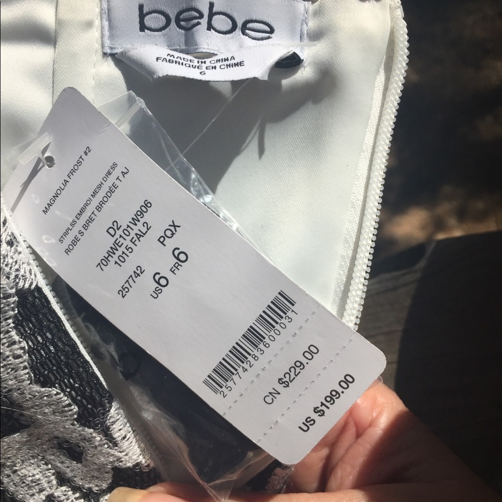 Bebe strapless  bustier embroidered on mesh mini prom dress - Picture 3 of 12